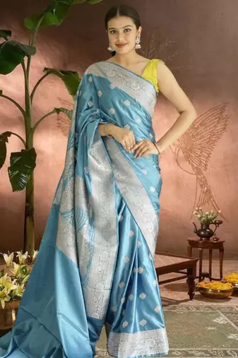 blue banarasi silk saree with zari border