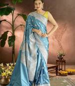 blue banarasi silk saree with zari border