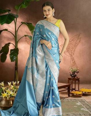 blue banarasi silk saree with zari border 2