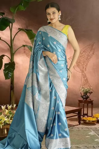 blue banarasi silk saree with zari border
