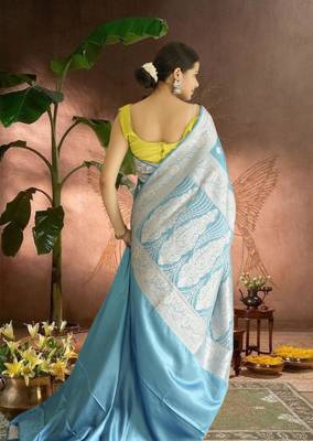 blue banarasi silk saree with zari border 3
