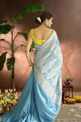 blue banarasi silk saree with zari border
