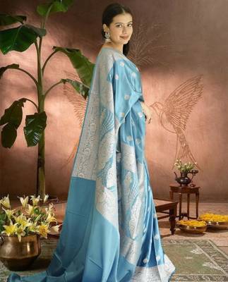 blue banarasi silk saree with zari border 4