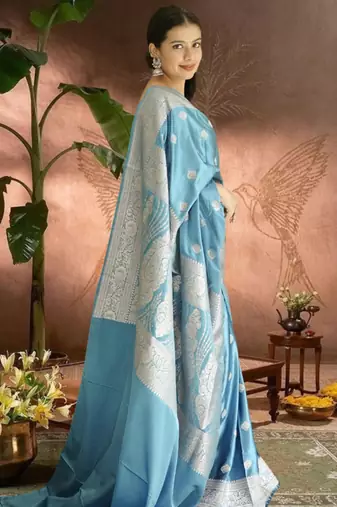 blue banarasi silk saree with zari border