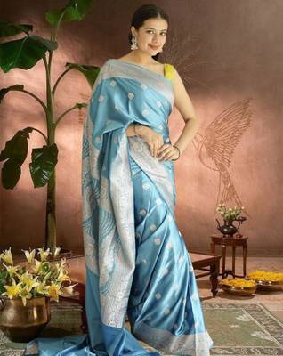 blue banarasi silk saree with zari border 5