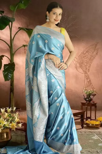 blue banarasi silk saree with zari border