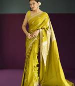 green banarasi silk saree with zari border