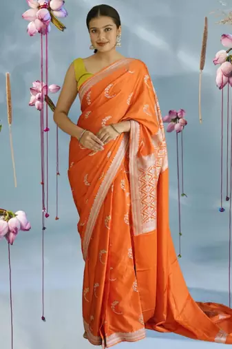 orange banarasi silk saree with zari border