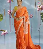 orange banarasi silk saree with zari border