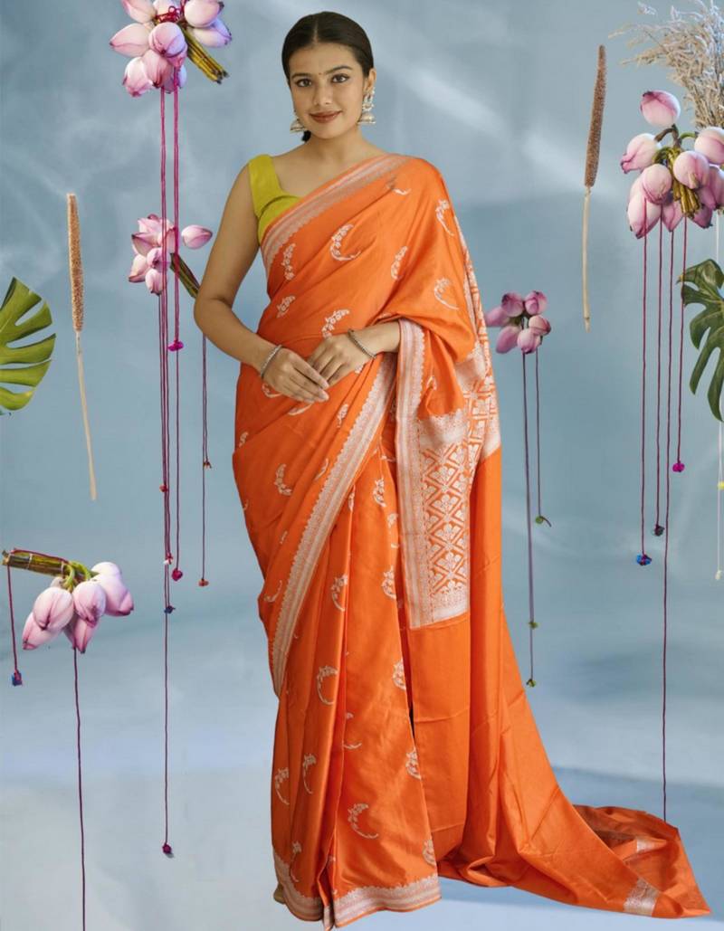 orange banarasi silk saree with zari border