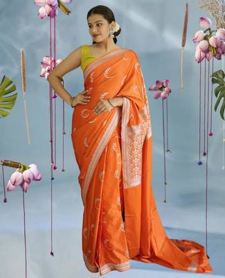 orange banarasi silk saree with zari border 2