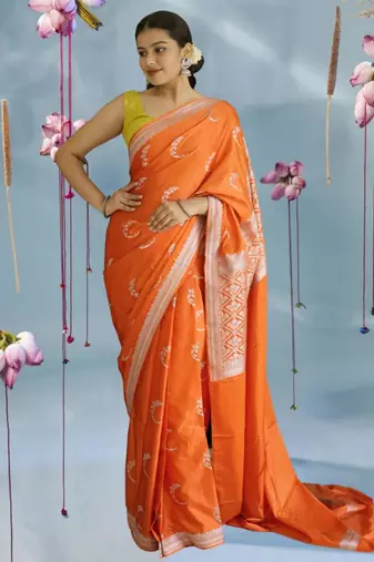 orange banarasi silk saree with zari border