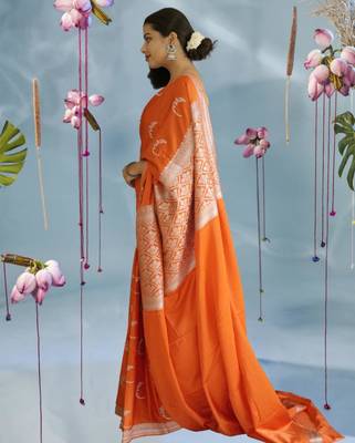 orange banarasi silk saree with zari border 3