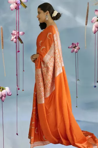 orange banarasi silk saree with zari border