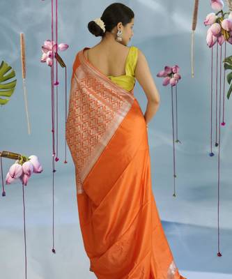 orange banarasi silk saree with zari border 4