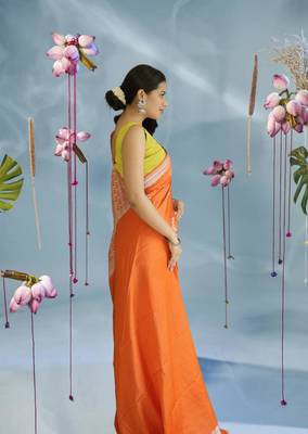 orange banarasi silk saree with zari border 5