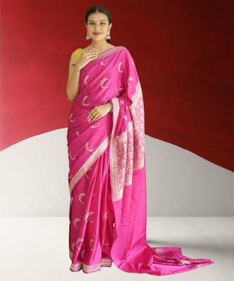 pink banarasi silk saree with zari border 1