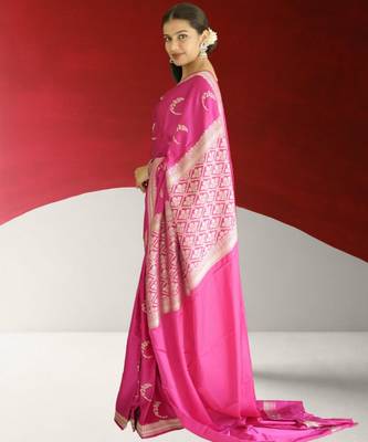 pink banarasi silk saree with zari border 4