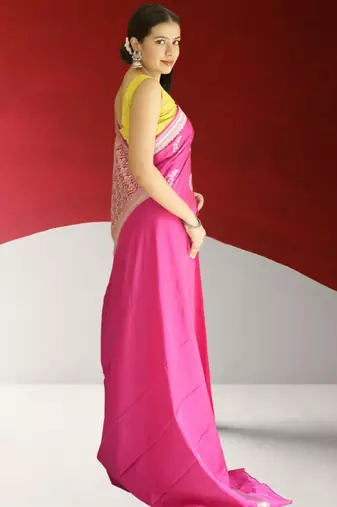 pink banarasi silk saree with zari border