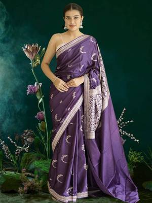 purple banarasi silk saree with zari border 1