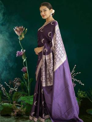 purple banarasi silk saree with zari border 2