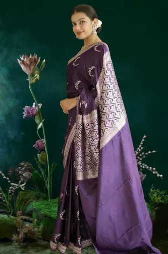purple banarasi silk saree with zari border