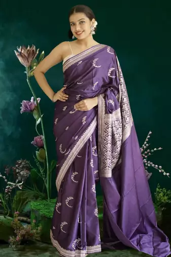 purple banarasi silk saree with zari border