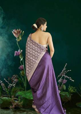 purple banarasi silk saree with zari border 4