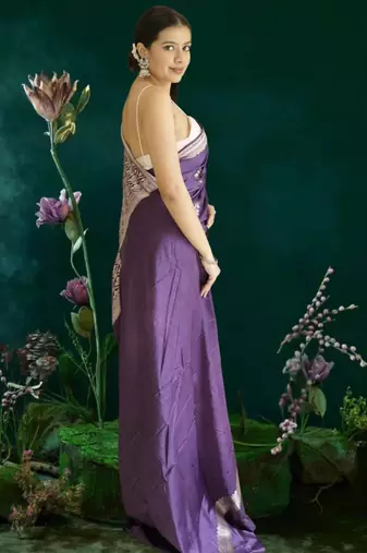 purple banarasi silk saree with zari border