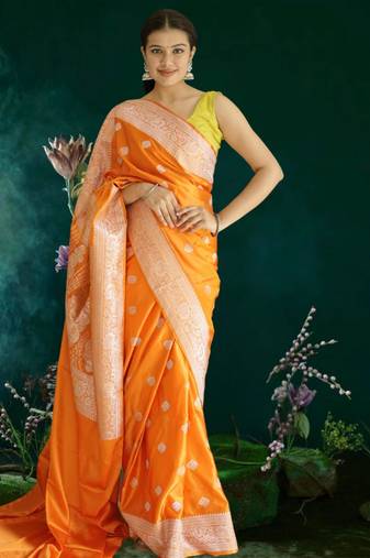 orange banarasi silk saree with zari border