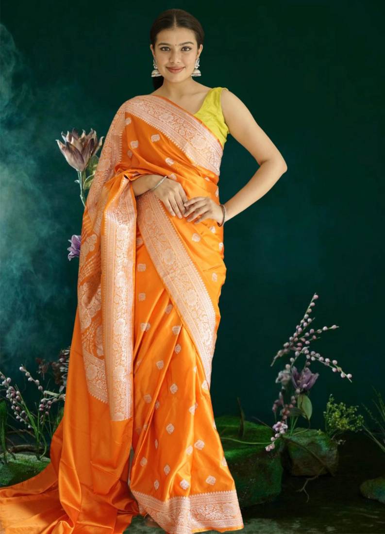 orange banarasi silk saree with zari border