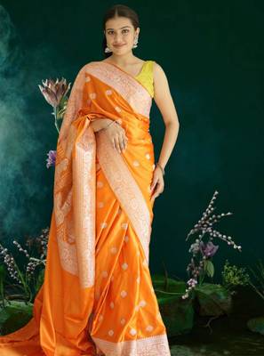 orange banarasi silk saree with zari border 2