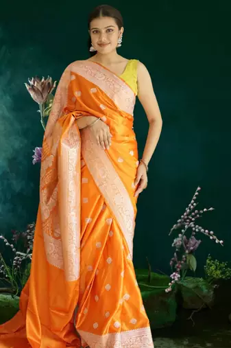 orange banarasi silk saree with zari border