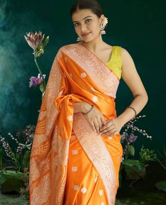 orange banarasi silk saree with zari border 3