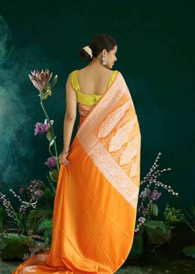 orange banarasi silk saree with zari border 4