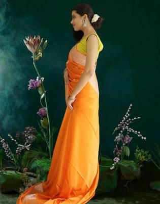 orange banarasi silk saree with zari border 5