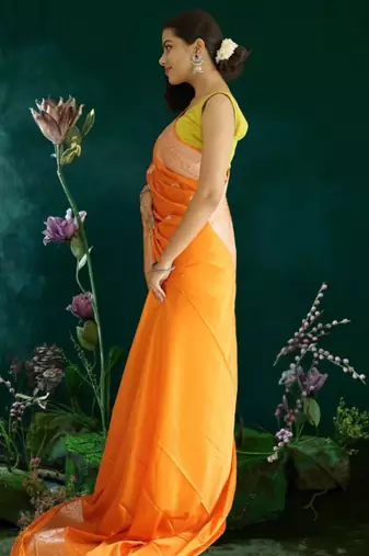 orange banarasi silk saree with zari border