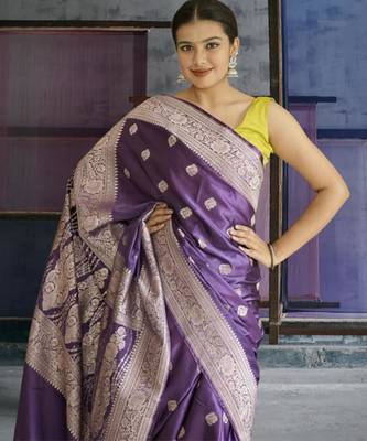 purple banarasi silk saree with zari border 1