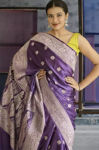 purple banarasi silk saree with zari border