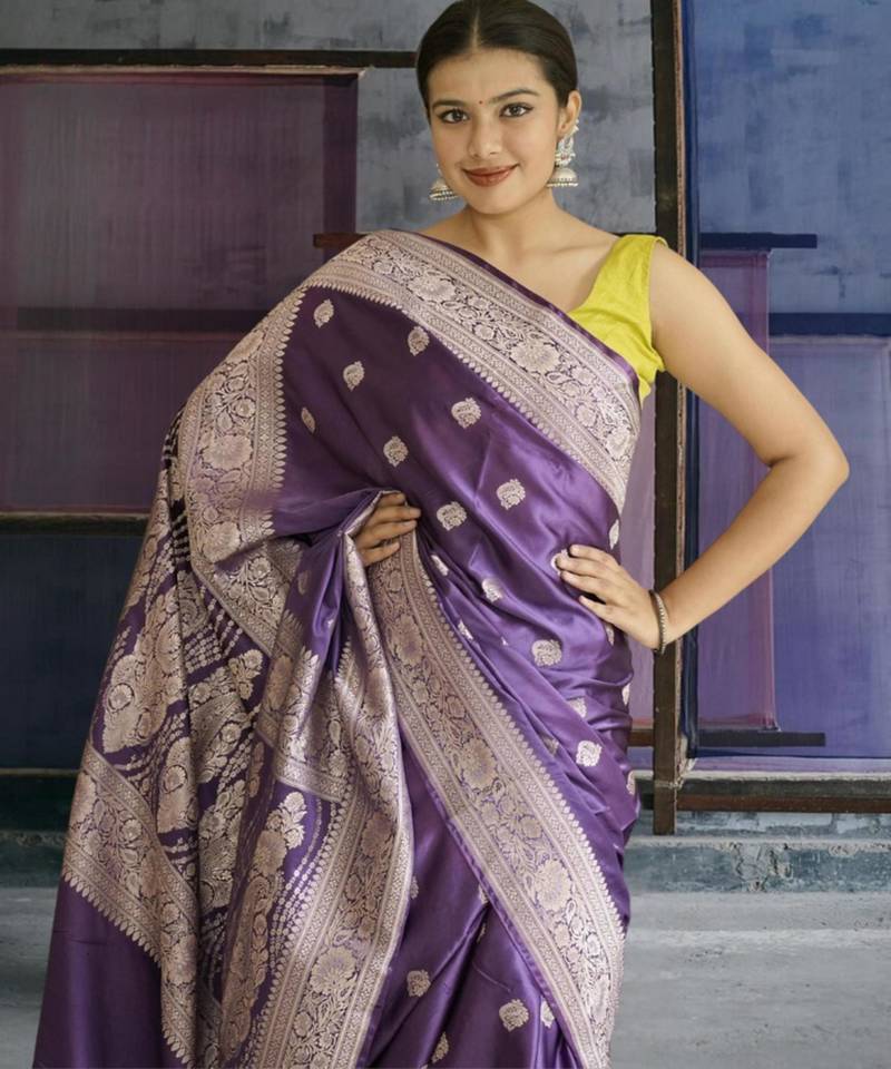 purple banarasi silk saree with zari border