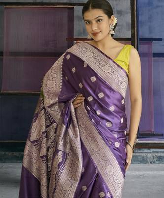 purple banarasi silk saree with zari border 2