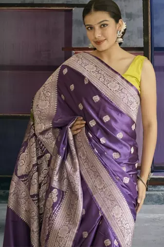 purple banarasi silk saree with zari border