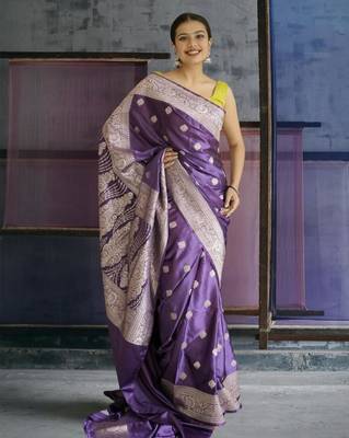 purple banarasi silk saree with zari border 3