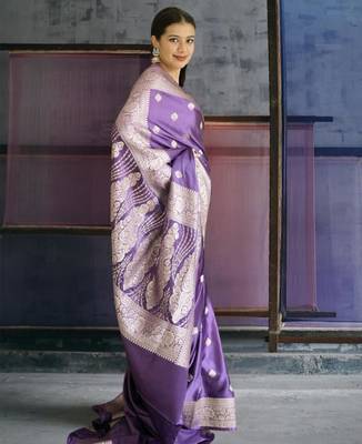 purple banarasi silk saree with zari border 4