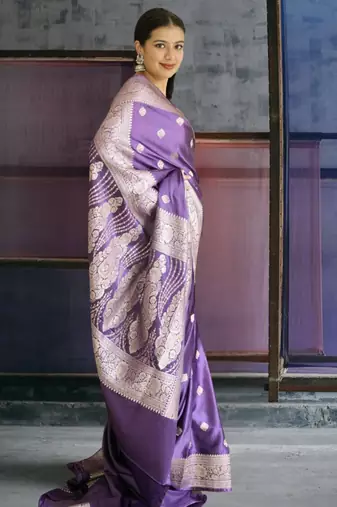 purple banarasi silk saree with zari border