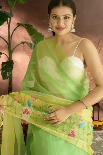 green-lime green ombre organza saree with hand embroidery