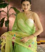 green-lime green ombre organza saree with hand embroidery