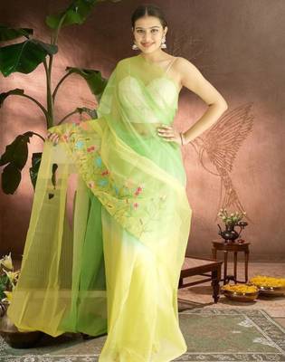 green-lime green ombre organza saree with hand embroidery 2