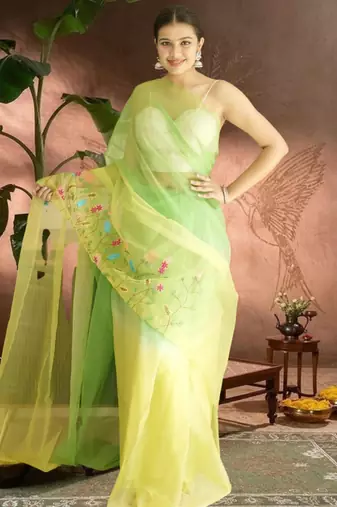 green-lime green ombre organza saree with hand embroidery