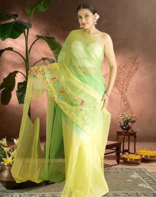 green-lime green ombre organza saree with hand embroidery 3